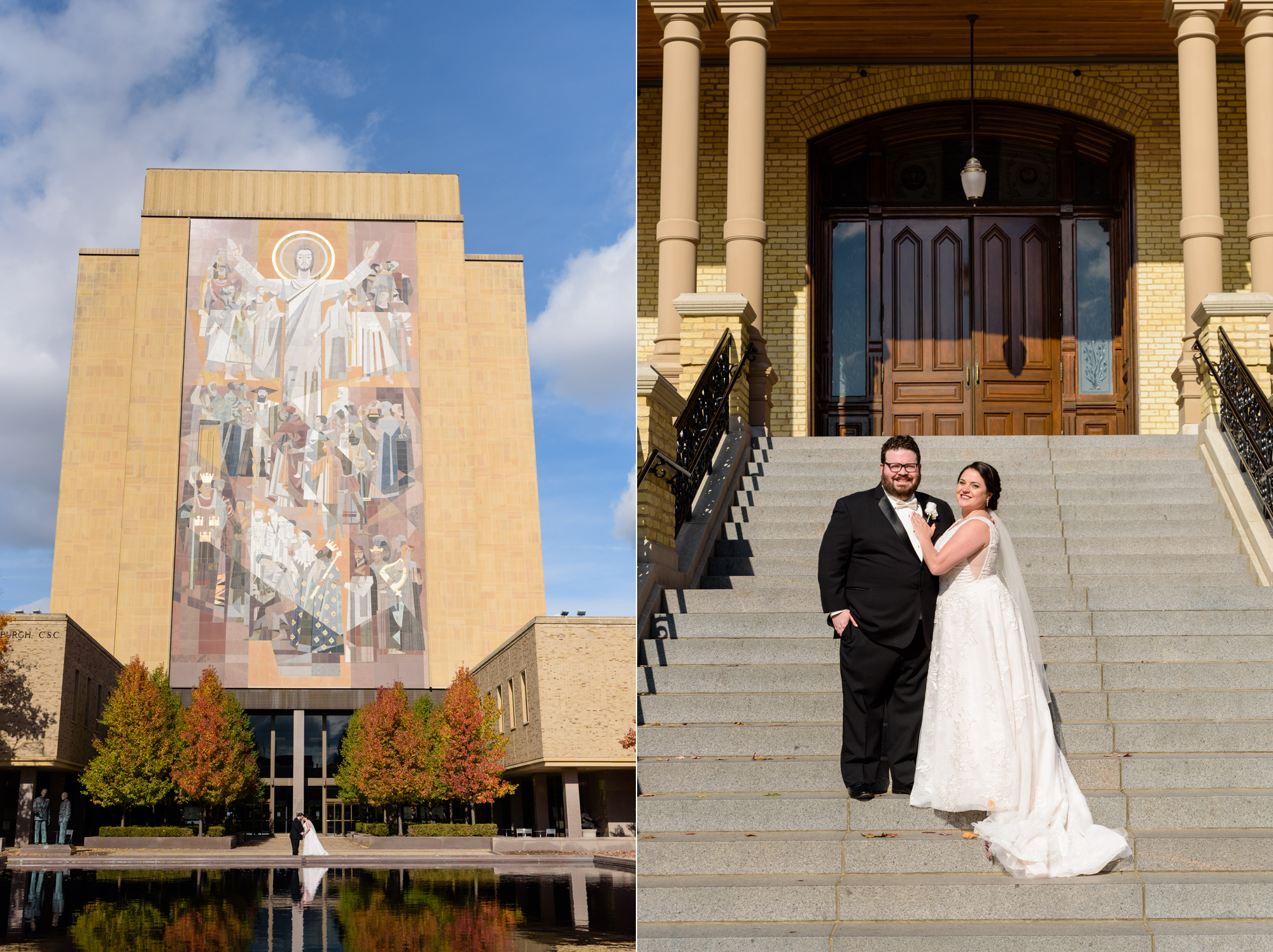 Bride & Groom in front of touchdown Jesus after their wedding ceremony at the Basilica of the Sacred Heart on the campus of the University of Notre Dame