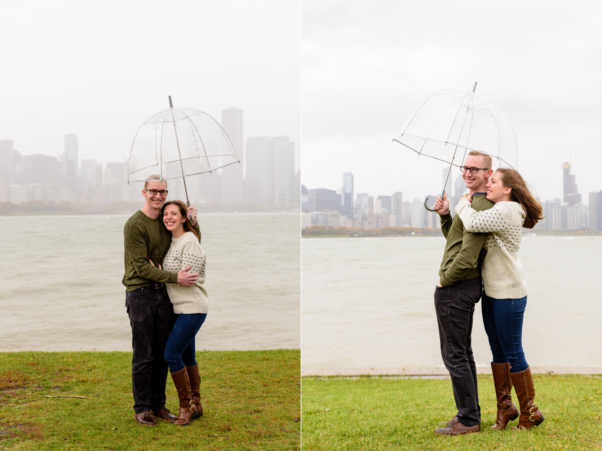 Engaged couple at the Planetarium with the Chicago skyline behind them