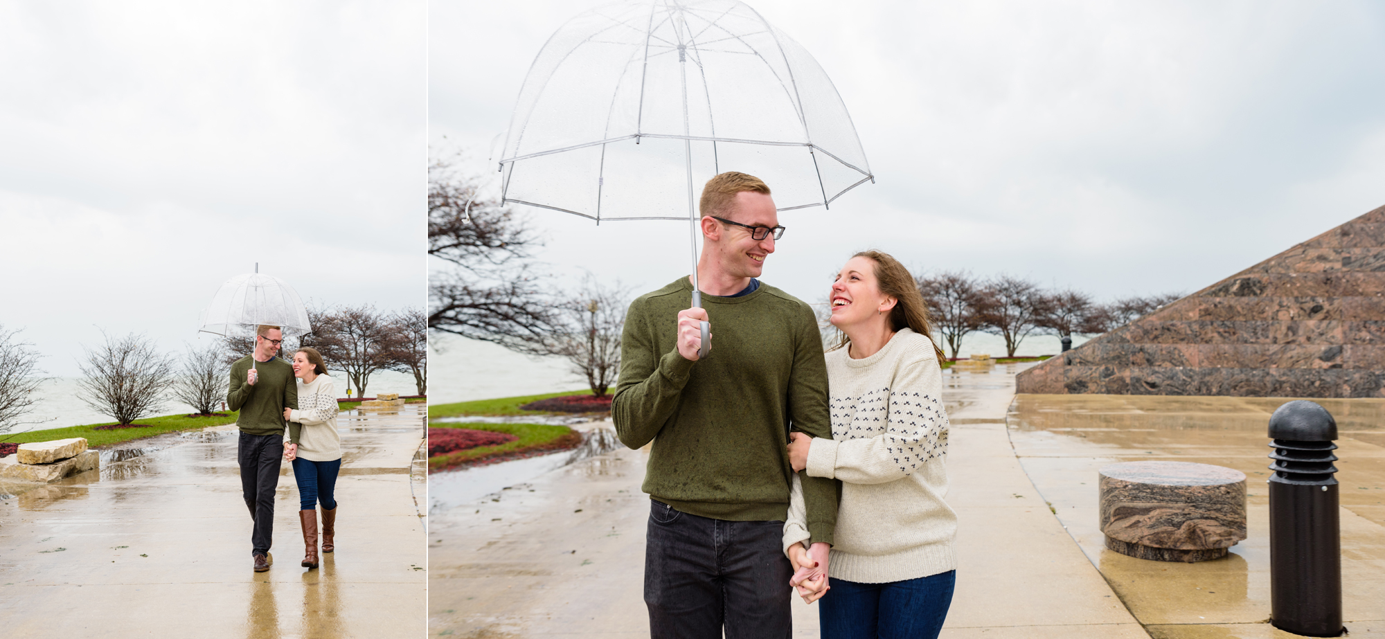 Engaged couple at the Planetarium with the Chicago skyline behind them