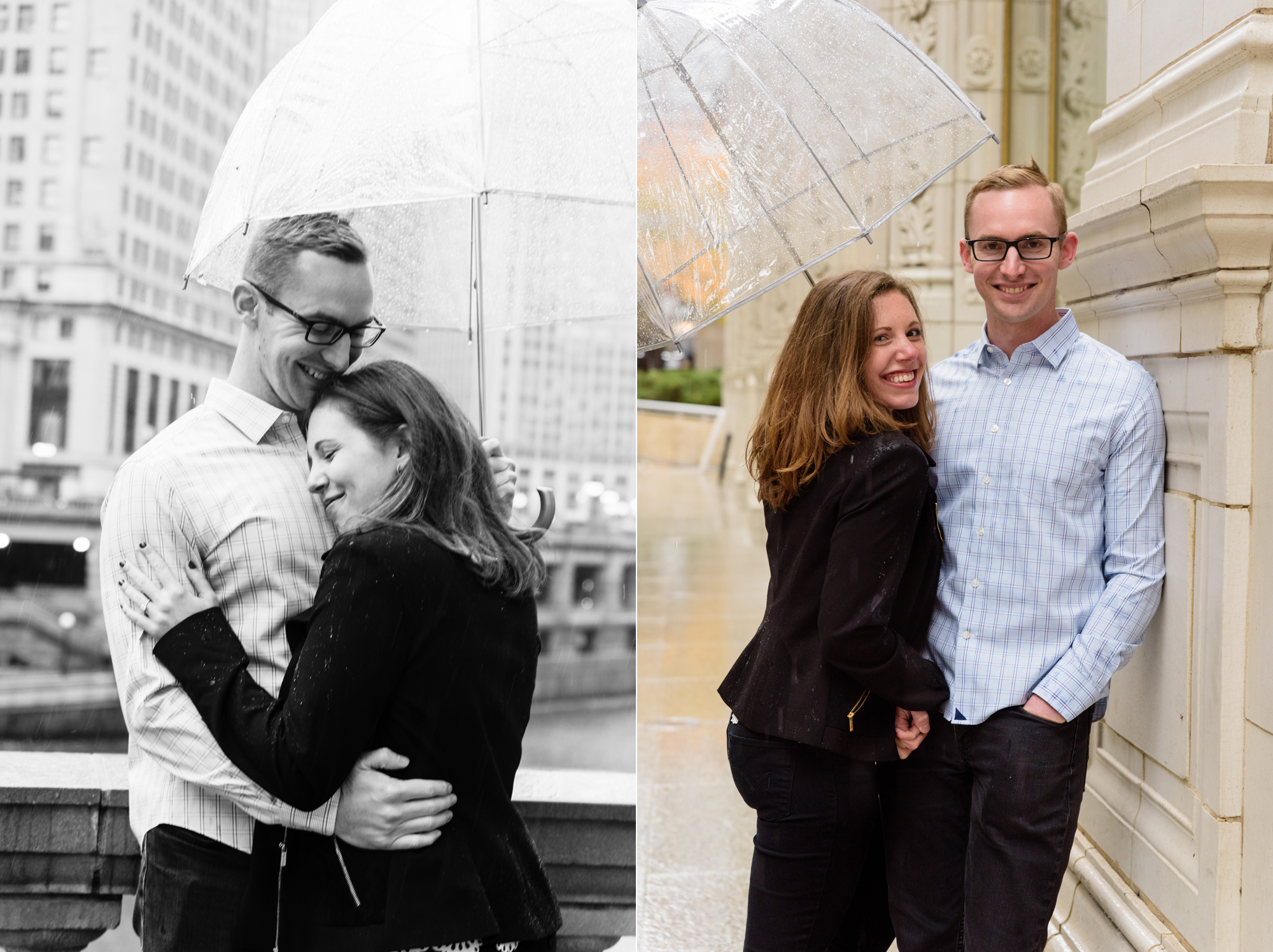 Engaged couple at the Wrigley Building in downtown Chicago