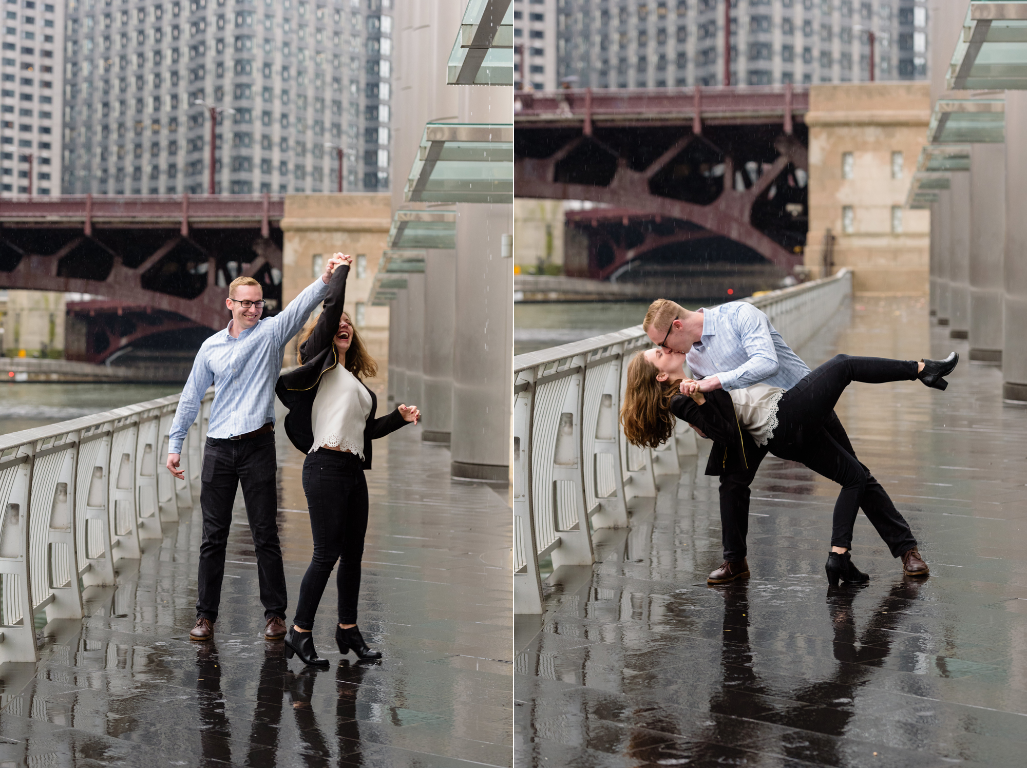 Engaged couple along the riverwalk downtown Chicago