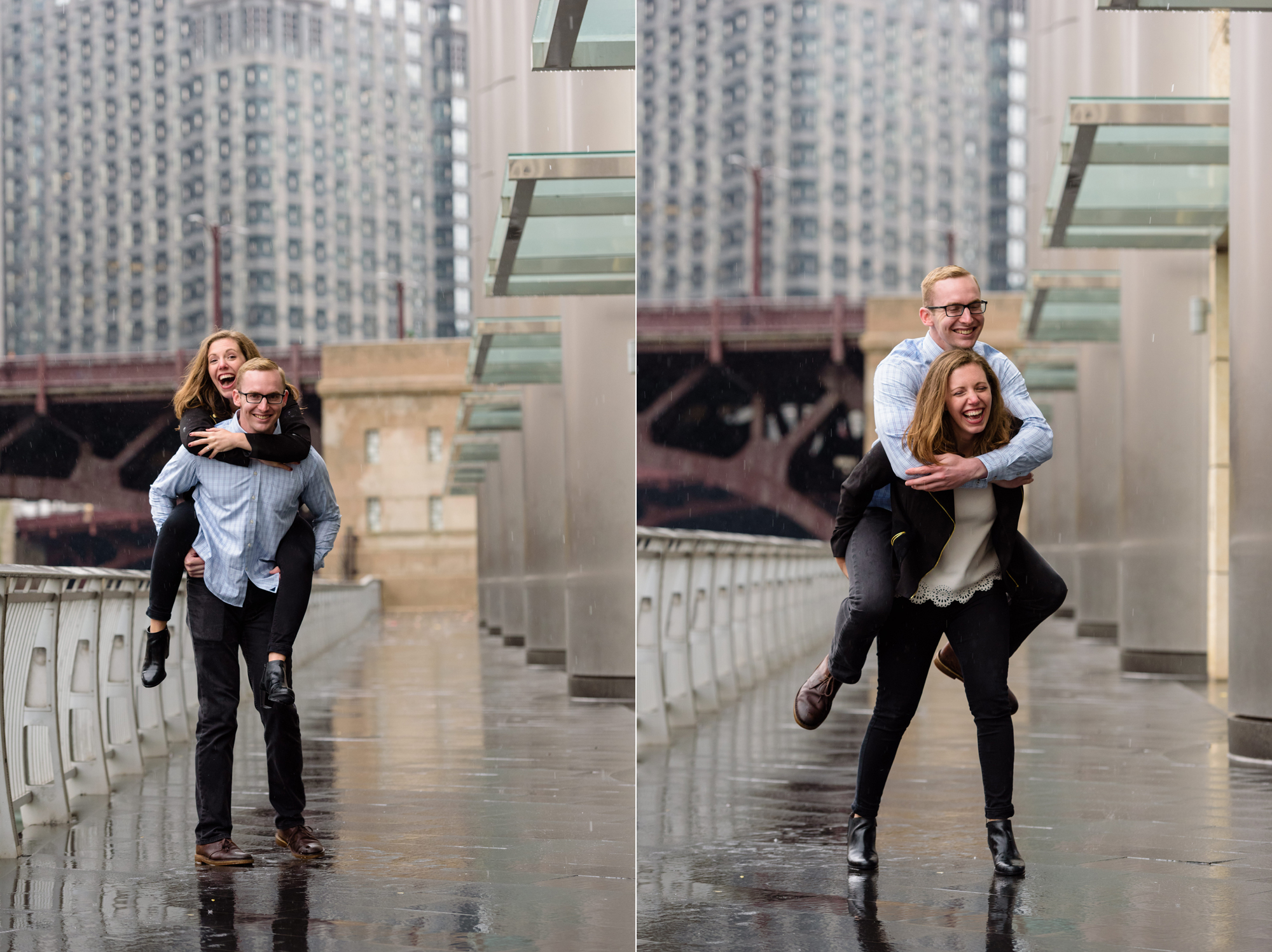 Engaged couple along the riverwalk downtown Chicago