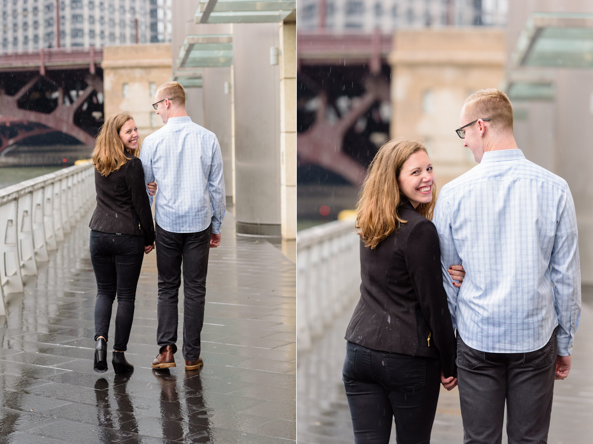 Engaged couple along the riverwalk downtown Chicago